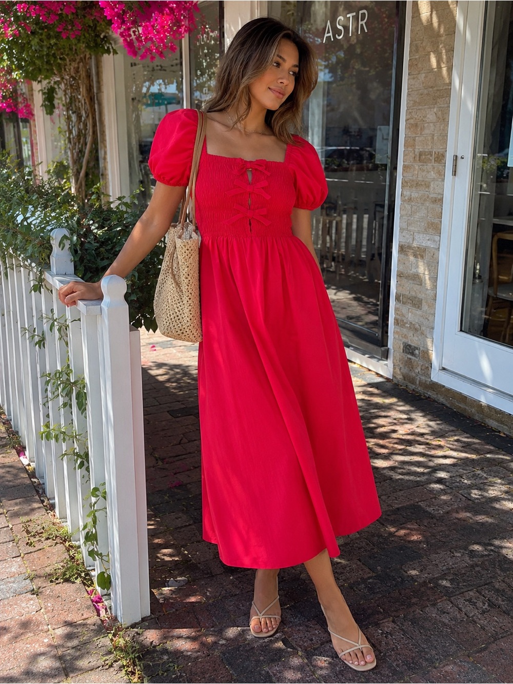 ASTR The Label Smocked Puff Sleeve Midi Dress Size M Cottagecore Romantic Red